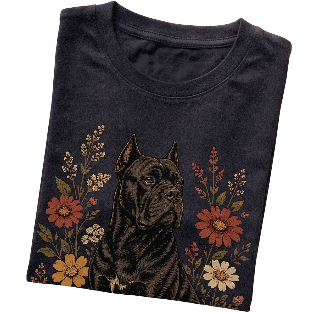 Black Softstyle T-shirt with Cane Corso portrait and wildflowers, folded view