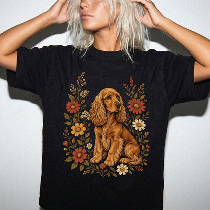 Model wearing a Black Comfort Colors® T-shirt showing Cocker Spaniel portrait surrounded by wildflowers beneath the moon