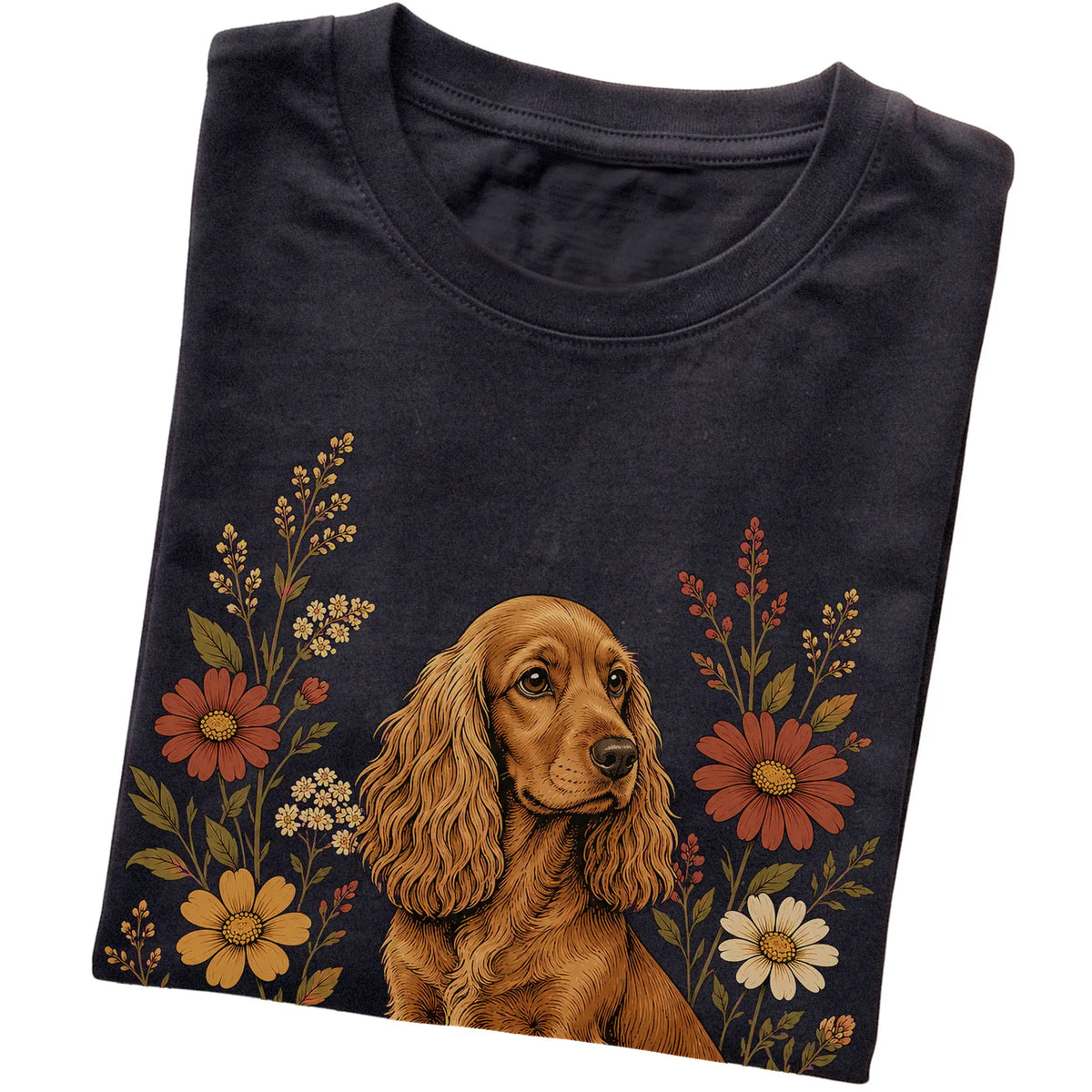 Black Softstyle T-shirt with Cocker Spaniel portrait and wildflowers, folded view