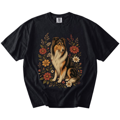 Collie portrait surrounded by wildflowers beneath the moon on a Black Comfort Colors® T-shirt