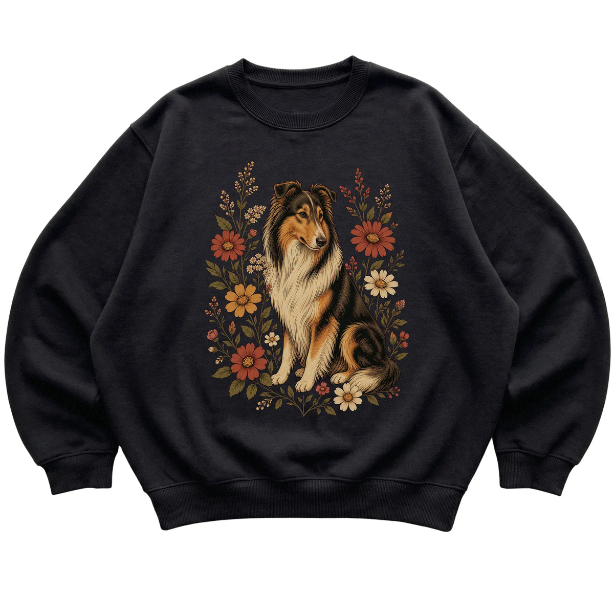 Black crewneck sweatshirt with Collie portrait and wildflowers, flat lay