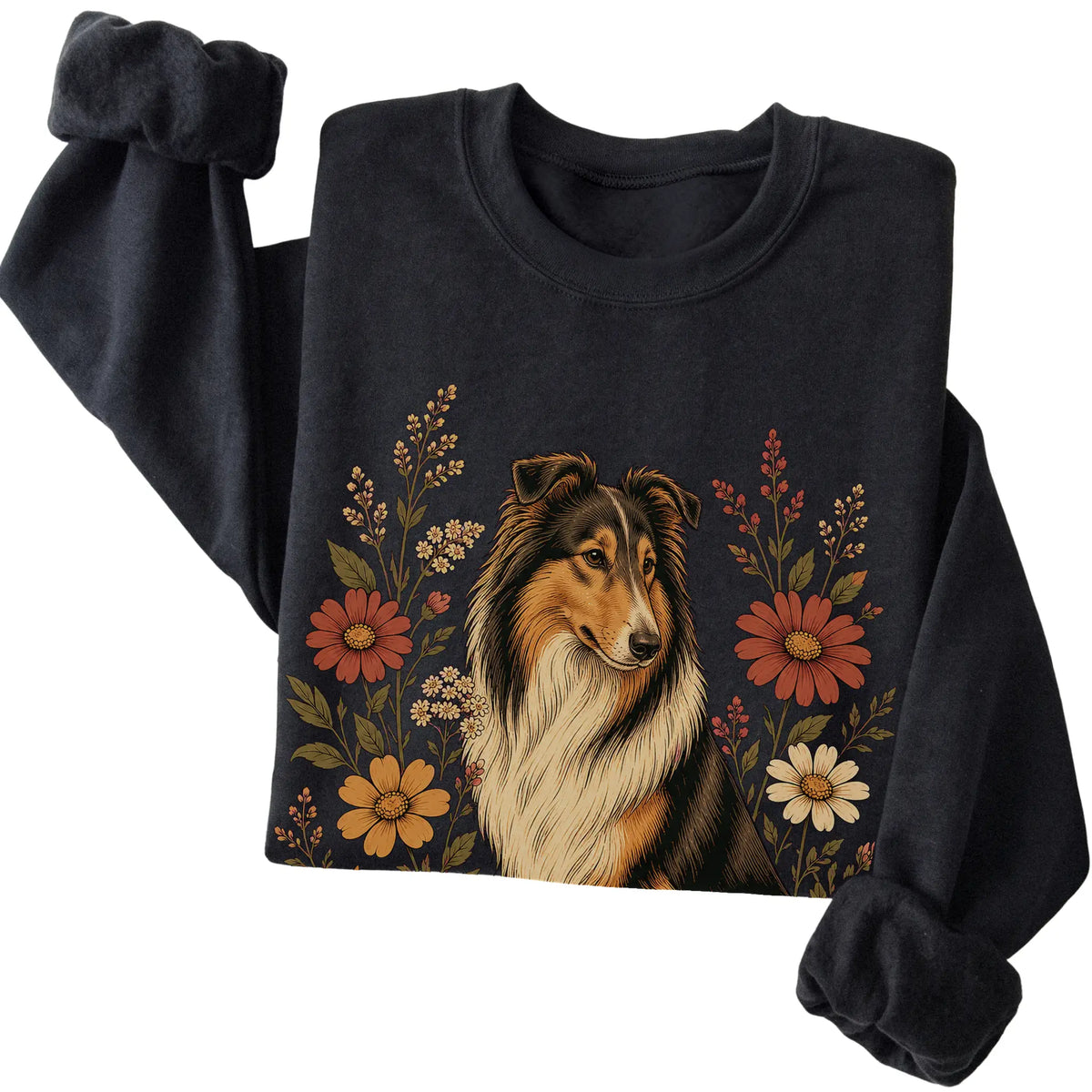 Black crewneck sweatshirt with Collie portrait and wildflowers, folded view