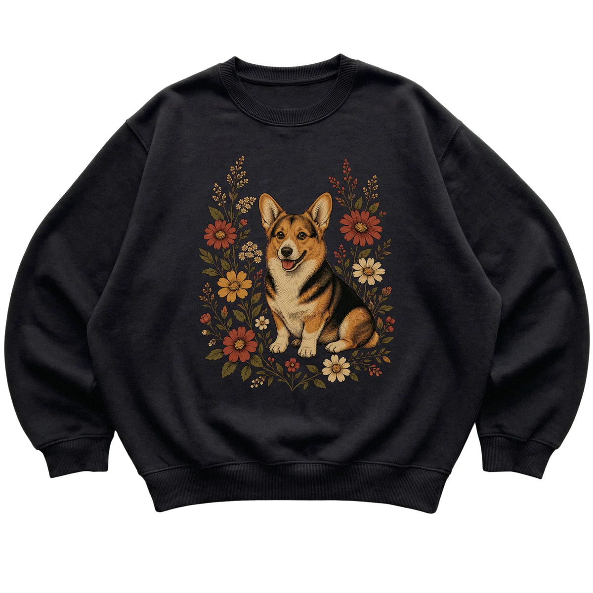 Black crewneck sweatshirt with Corgi portrait and wildflowers, flat lay