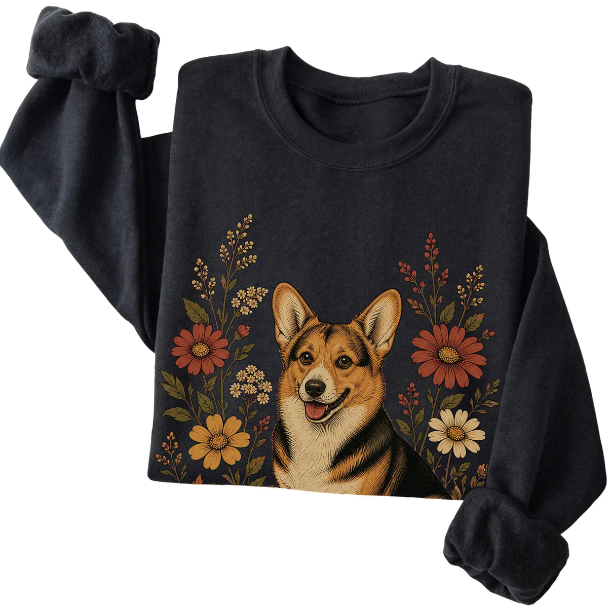 Black crewneck sweatshirt with Corgi portrait and wildflowers, folded view
