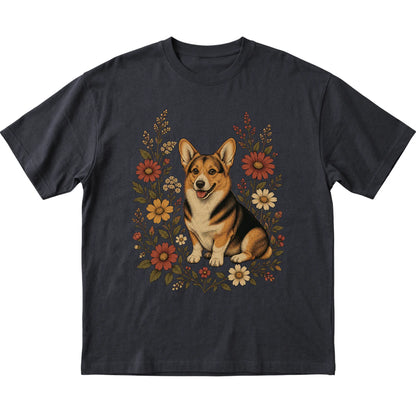 Black Softstyle T-shirt with Corgi portrait and wildflowers, flat lay