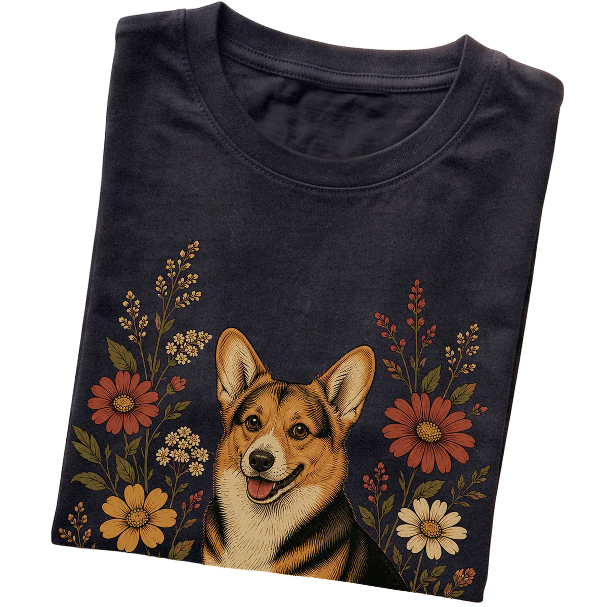 Black Softstyle T-shirt with Corgi portrait and wildflowers, folded view