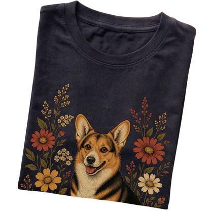 Black Softstyle T-shirt with Corgi portrait and wildflowers, folded view