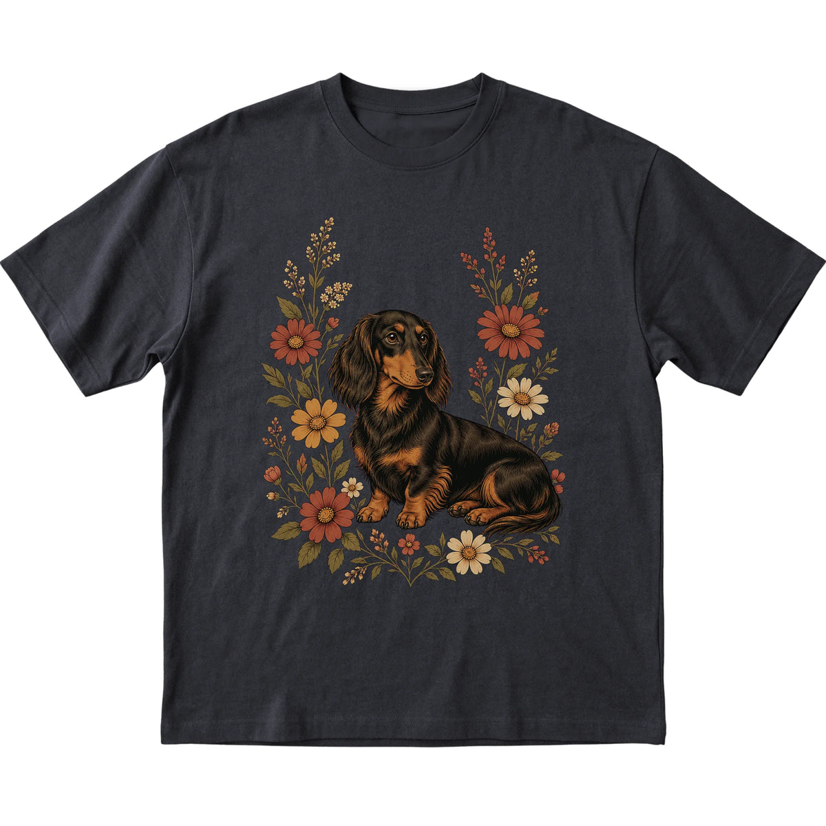 Black Softstyle T-shirt with Dachshund portrait and wildflowers, flat lay