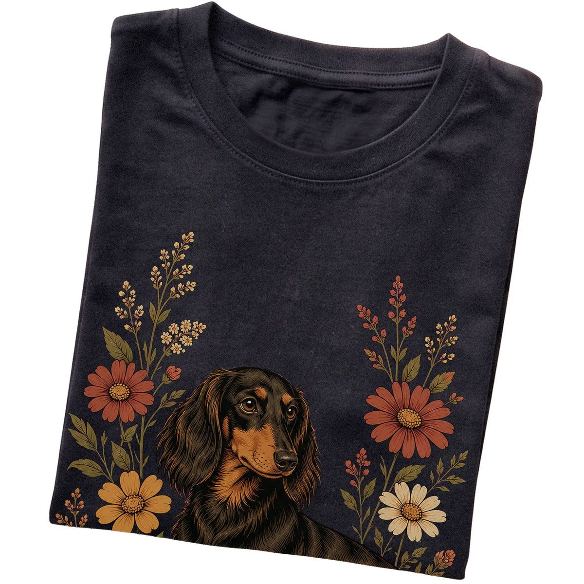Black Softstyle T-shirt with Dachshund portrait and wildflowers, folded view