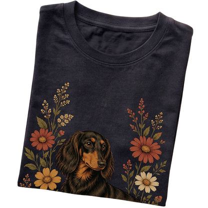 Black Softstyle T-shirt with Dachshund portrait and wildflowers, folded view