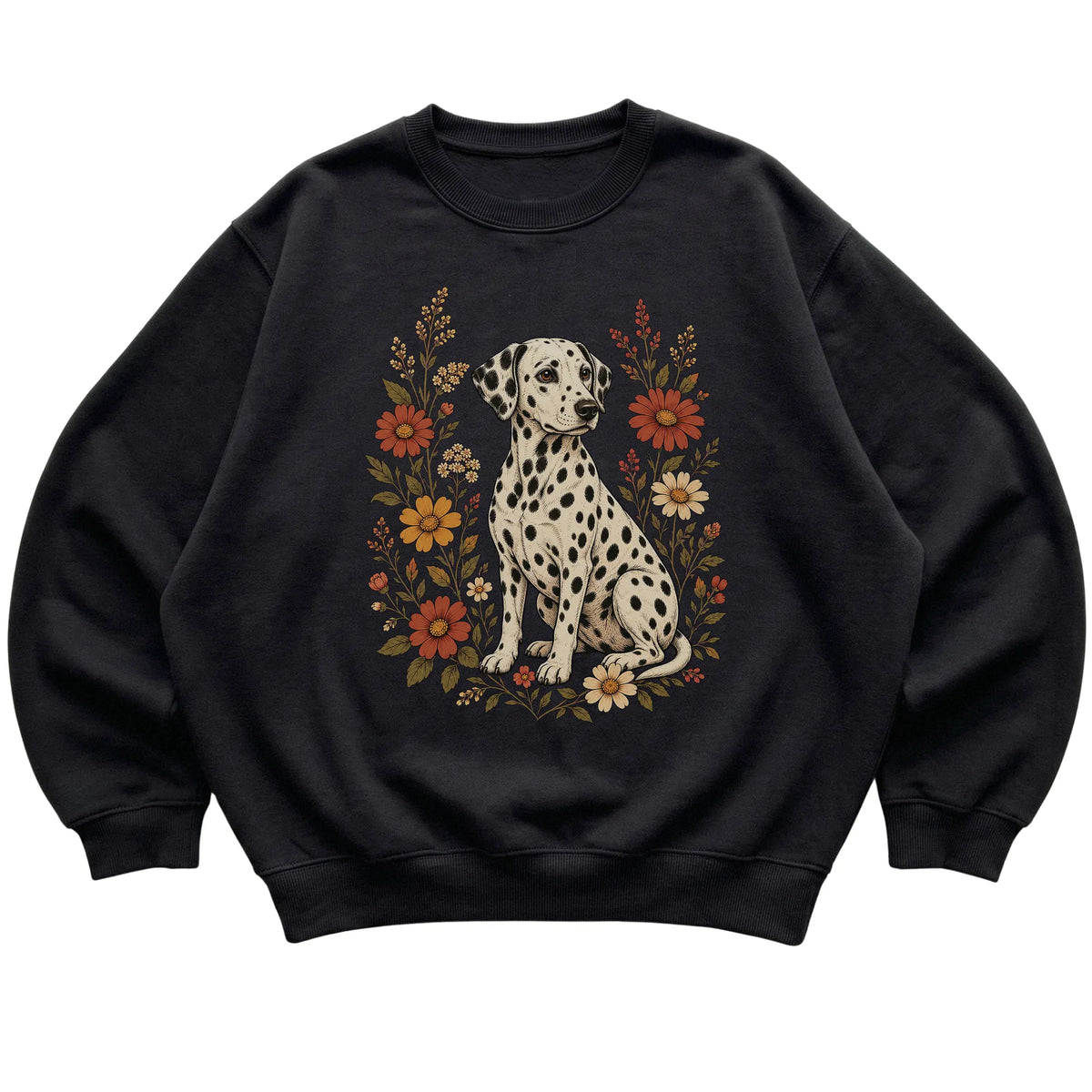 Black crewneck sweatshirt with Dalmatian portrait and wildflowers, flat lay