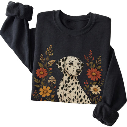 Black crewneck sweatshirt with Dalmatian portrait and wildflowers, folded view