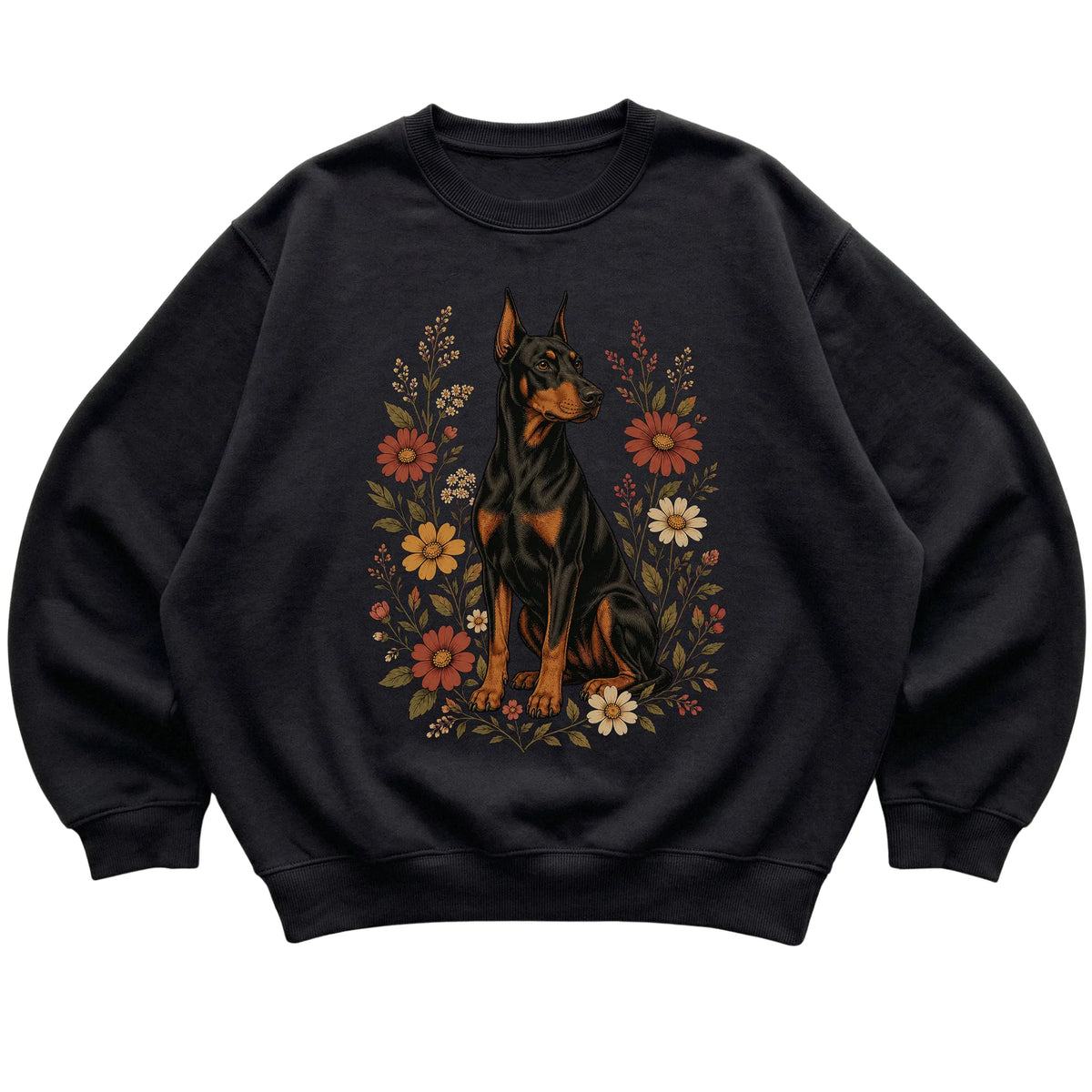 Black crewneck sweatshirt with Doberman portrait and wildflowers, flat lay