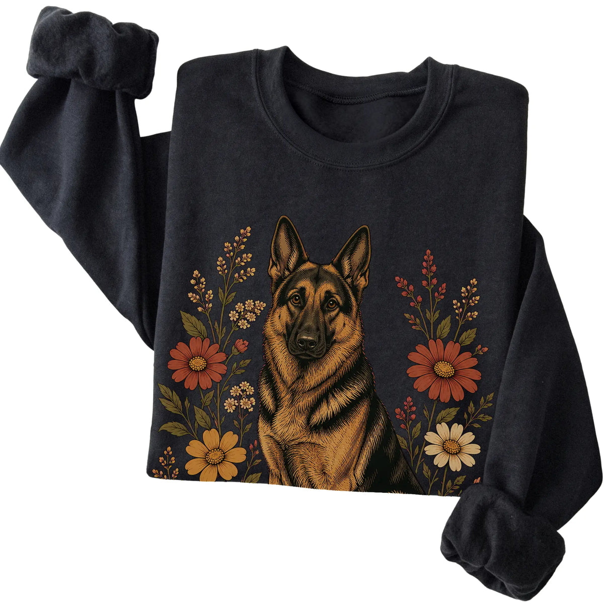Black crewneck sweatshirt with German Shepherd portrait and wildflowers, folded view