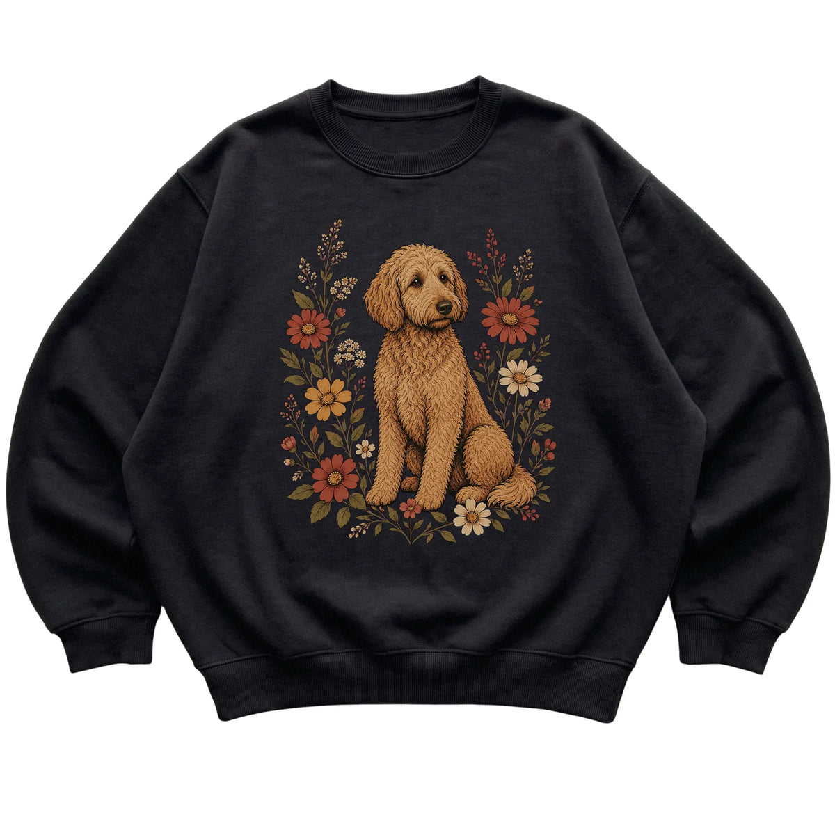 Black crewneck sweatshirt with Goldendoodle portrait and wildflowers, flat lay