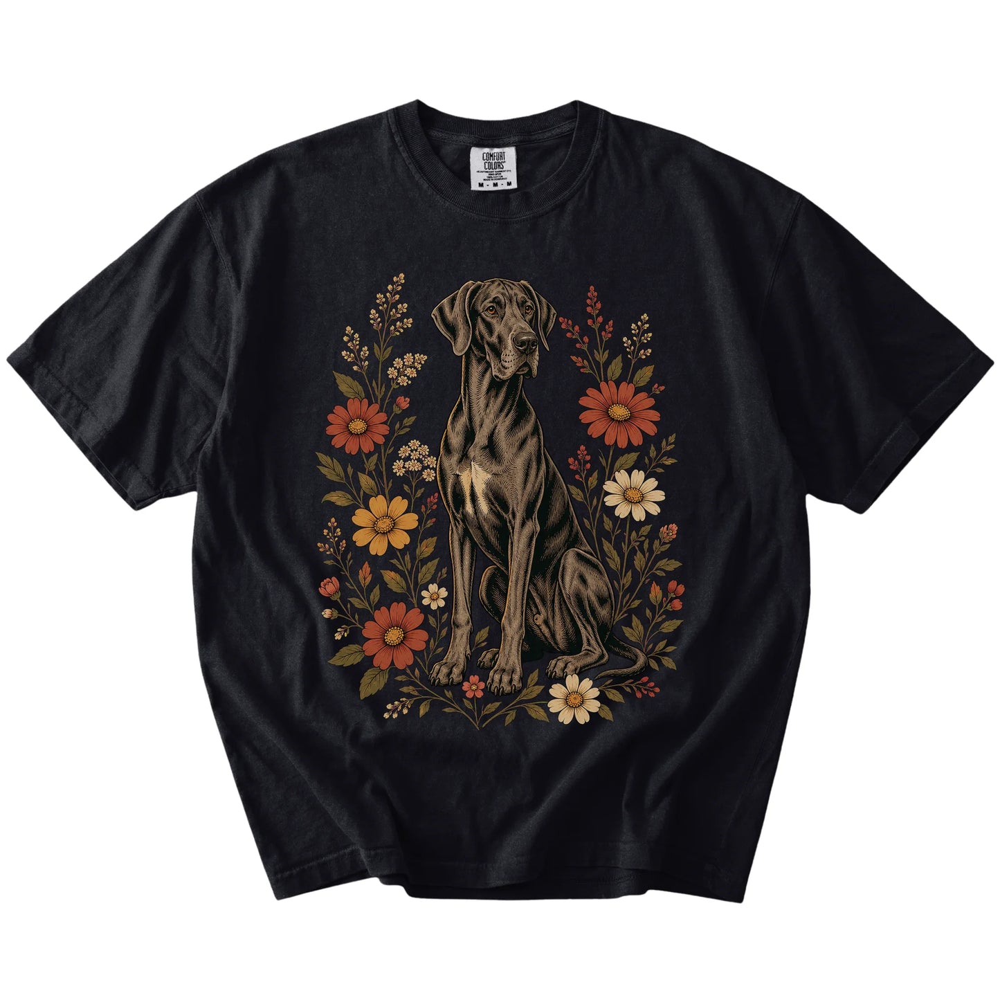 Great Dane portrait surrounded by wildflowers beneath the moon on a Black Comfort Colors® T-shirt