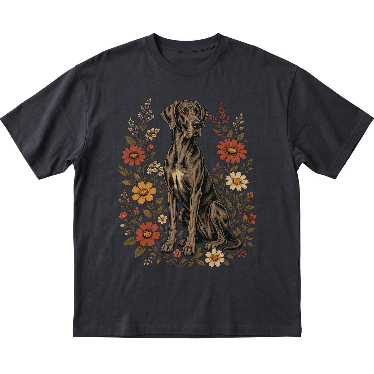 Black Softstyle T-shirt with Great Dane portrait and wildflowers, flat lay