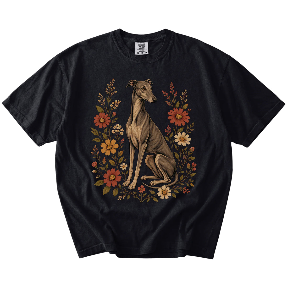Greyhound portrait surrounded by wildflowers beneath the moon on a Black Comfort Colors® T-shirt