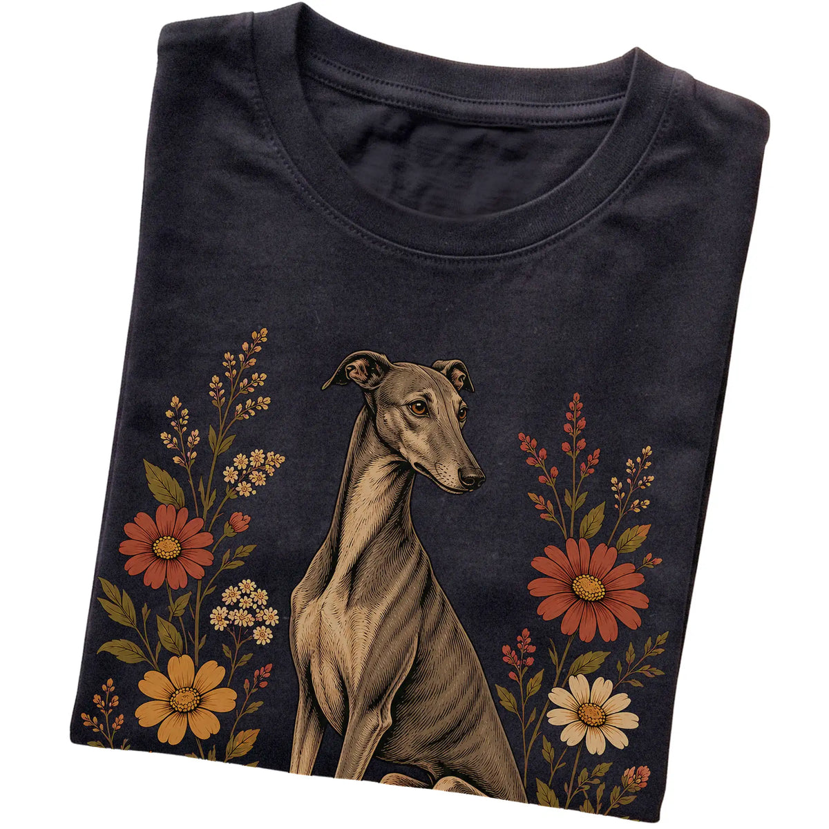 Black Softstyle T-shirt with Greyhound portrait and wildflowers, folded view