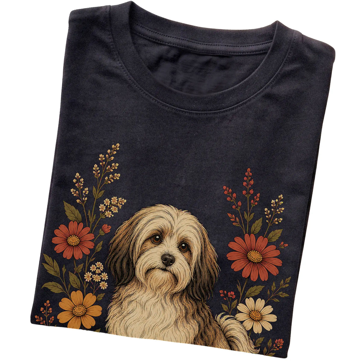 Black Softstyle T-shirt with Havanese portrait and wildflowers, folded view