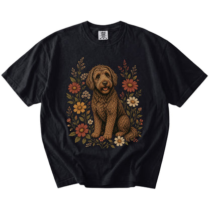 Labradoodle portrait surrounded by wildflowers beneath the moon on a Black Comfort Colors® T-shirt