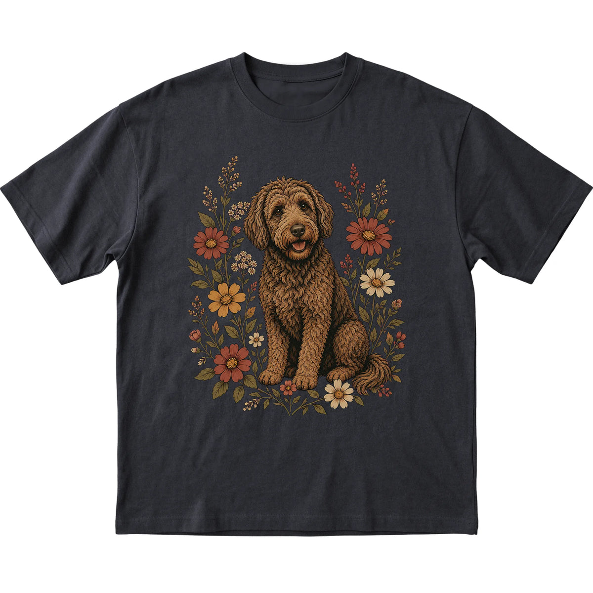 Black Softstyle T-shirt with Labradoodle portrait and wildflowers, flat lay