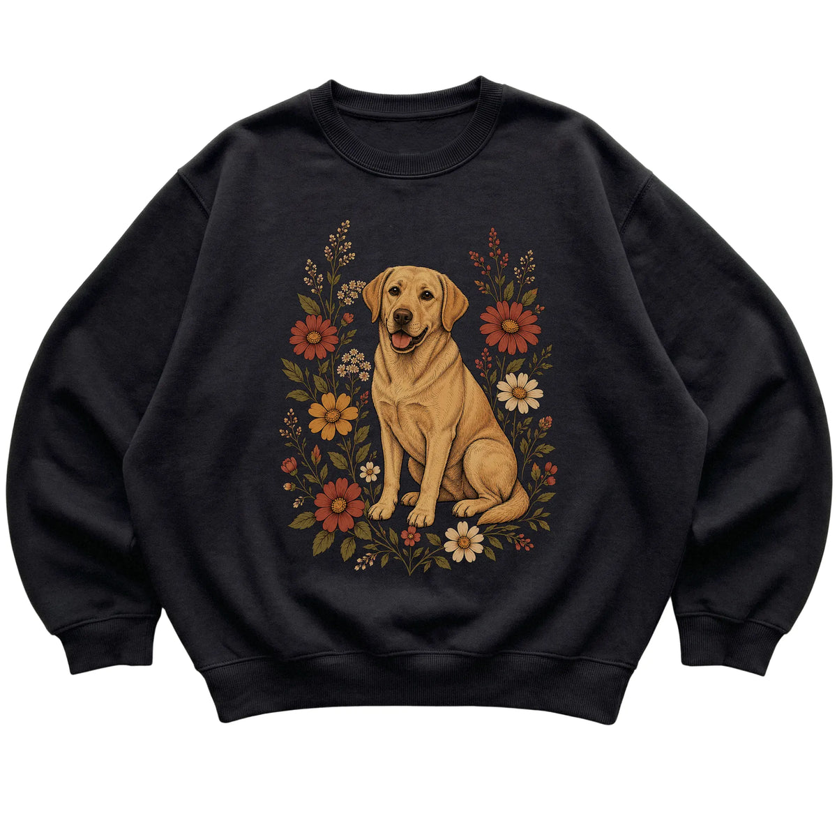 Black crewneck sweatshirt with Labrador Retriever portrait and wildflowers, flat lay