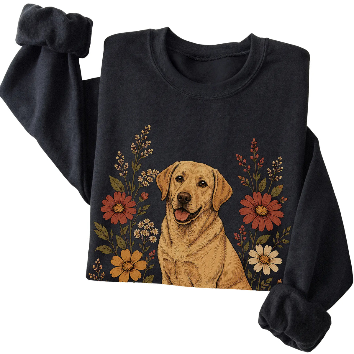 Black crewneck sweatshirt with Labrador Retriever portrait and wildflowers, folded view