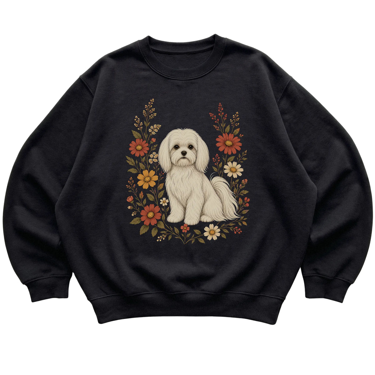 Black crewneck sweatshirt with Maltese portrait and wildflowers, flat lay