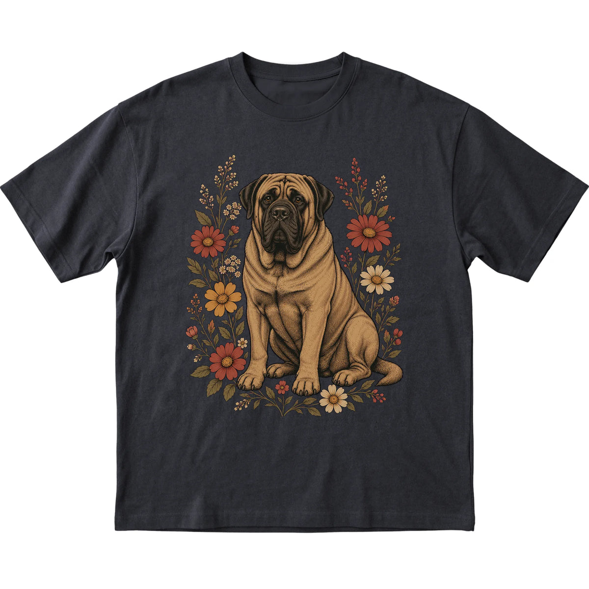 Black Softstyle T-shirt with Mastiff portrait and wildflowers, flat lay