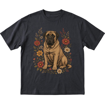 Black Softstyle T-shirt with Mastiff portrait and wildflowers, flat lay