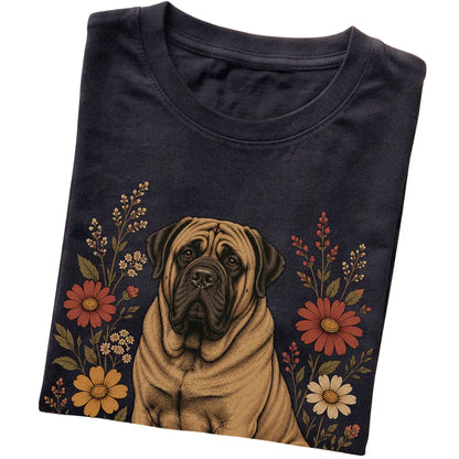 Black Softstyle T-shirt with Mastiff portrait and wildflowers, folded view