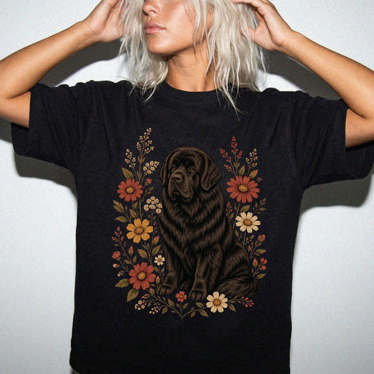Model wearing a Black Comfort Colors® T-shirt showing Newfie portrait surrounded by wildflowers beneath the moon