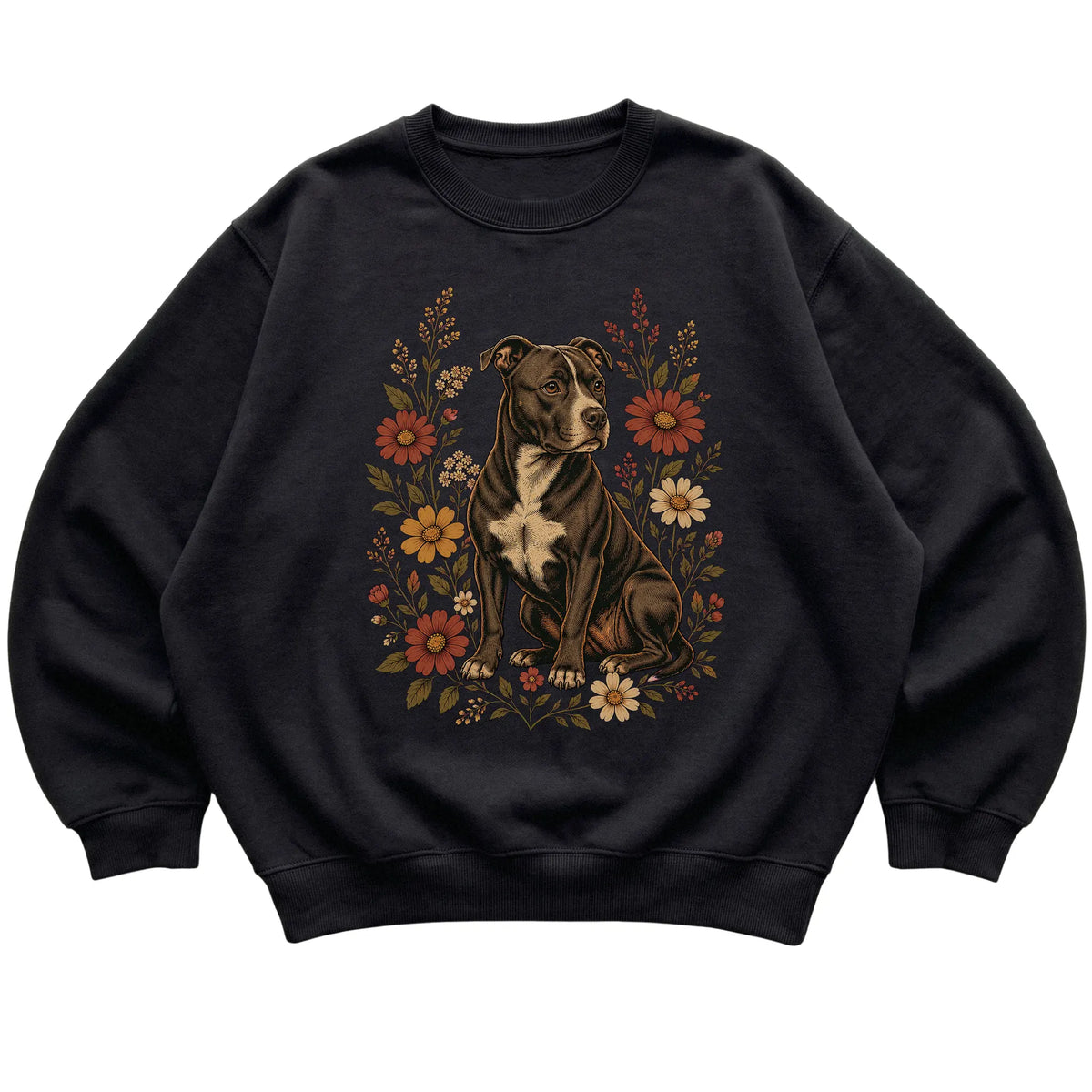 Black crewneck sweatshirt with Pitbull portrait and wildflowers, flat lay