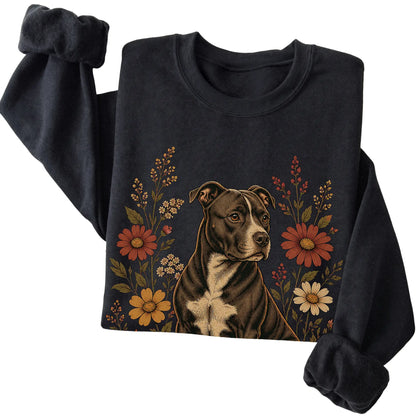 Black crewneck sweatshirt with Pitbull portrait and wildflowers, folded view