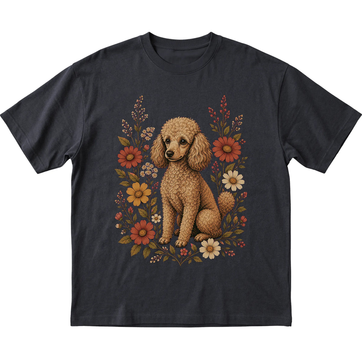 Black Softstyle T-shirt with Poodle portrait and wildflowers, flat lay
