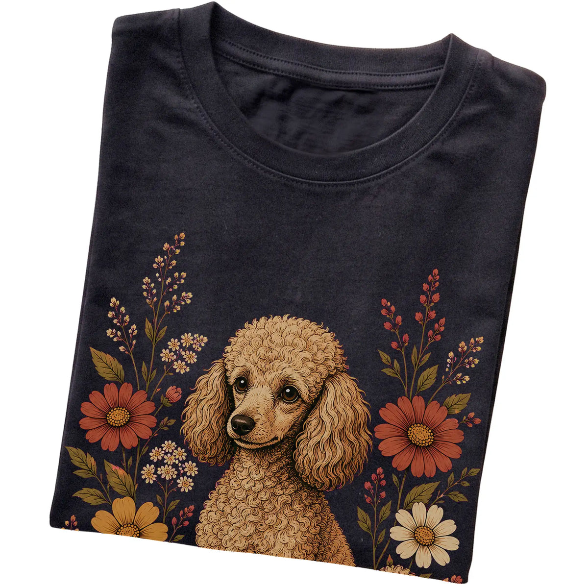 Black Softstyle T-shirt with Poodle portrait and wildflowers, folded view