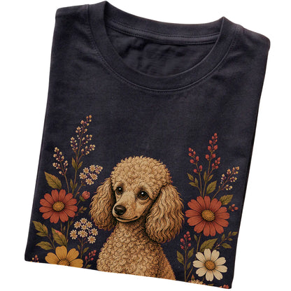 Black Softstyle T-shirt with Poodle portrait and wildflowers, folded view
