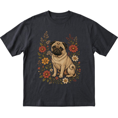 Black Softstyle T-shirt with Pug portrait and wildflowers, flat lay