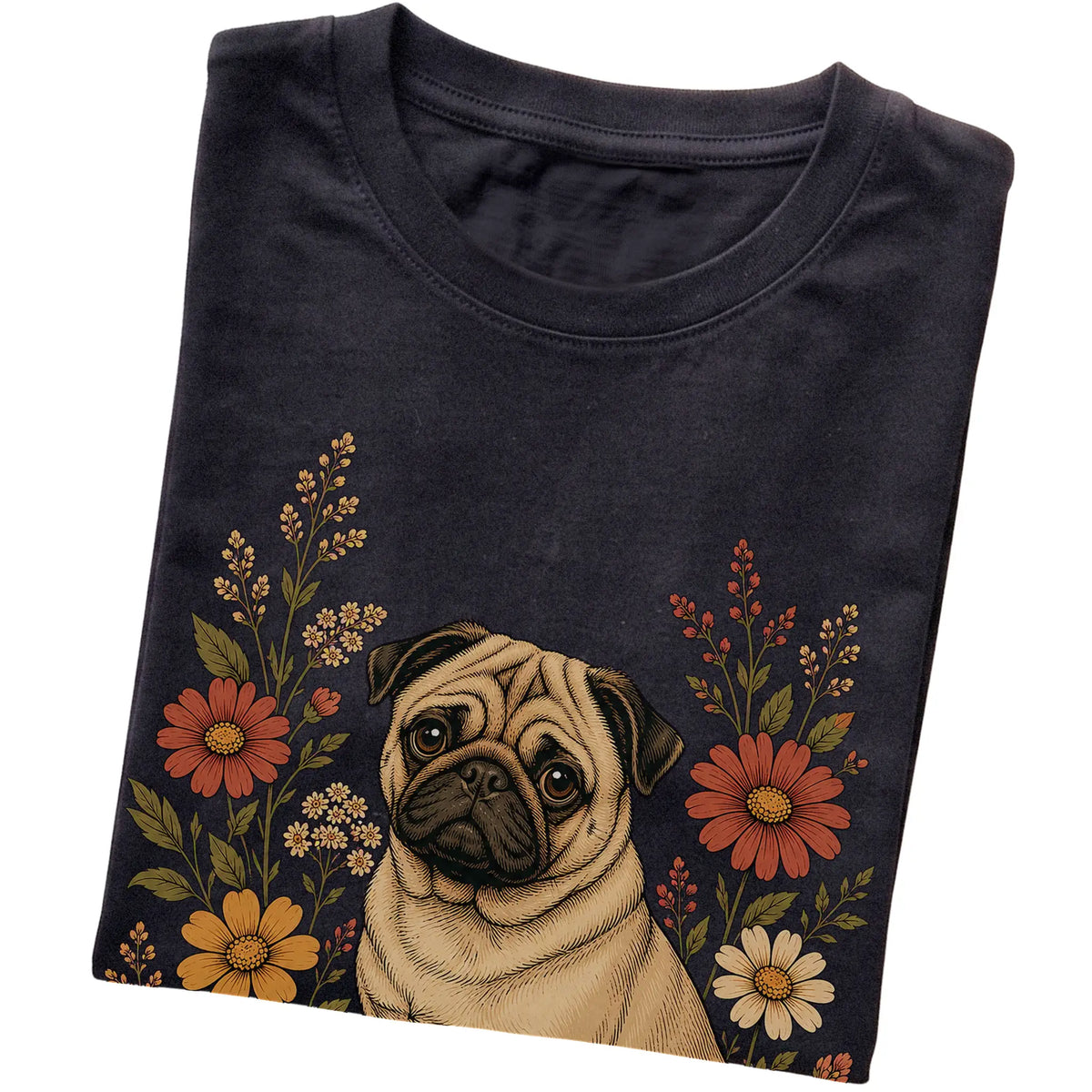 Black Softstyle T-shirt with Pug portrait and wildflowers, folded view