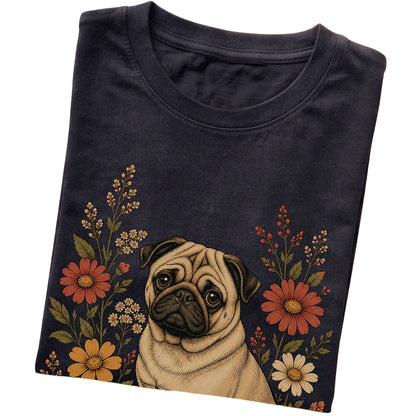 Black Softstyle T-shirt with Pug portrait and wildflowers, folded view