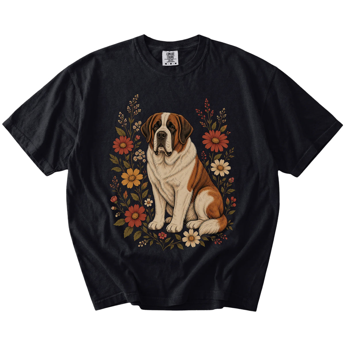 Saint Bernard portrait surrounded by wildflowers beneath the moon on a Black Comfort Colors® T-shirt