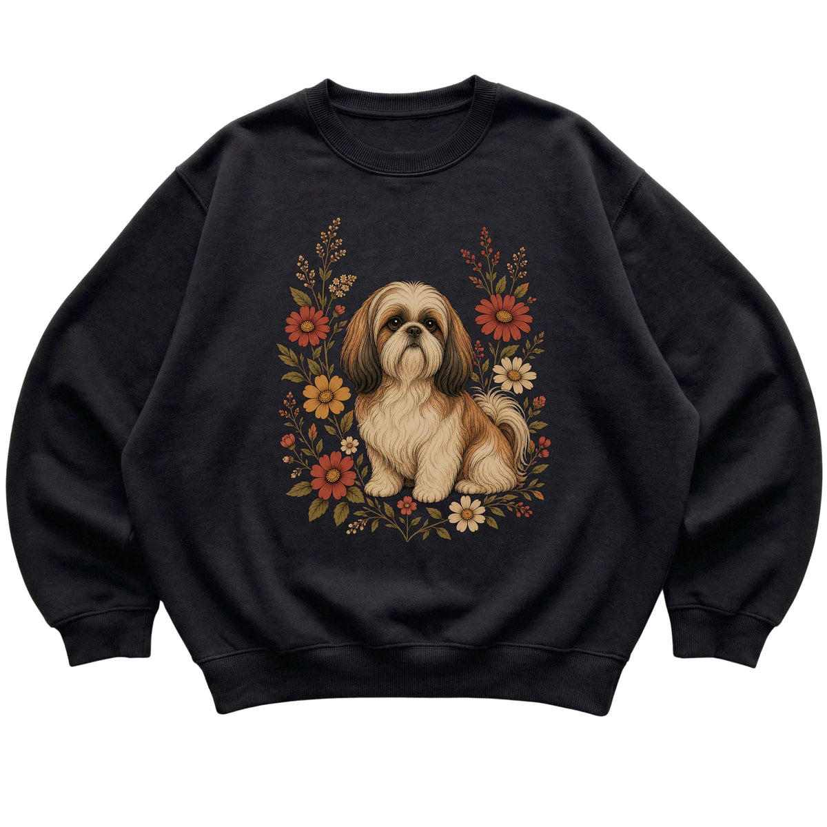 Black crewneck sweatshirt with Shih Tzu portrait and wildflowers, flat lay