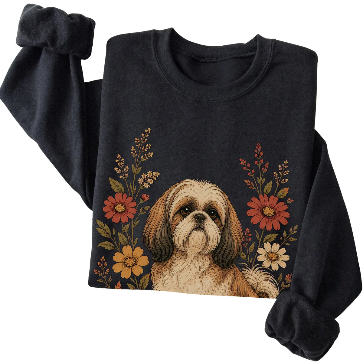 Black crewneck sweatshirt with Shih Tzu portrait and wildflowers, folded view