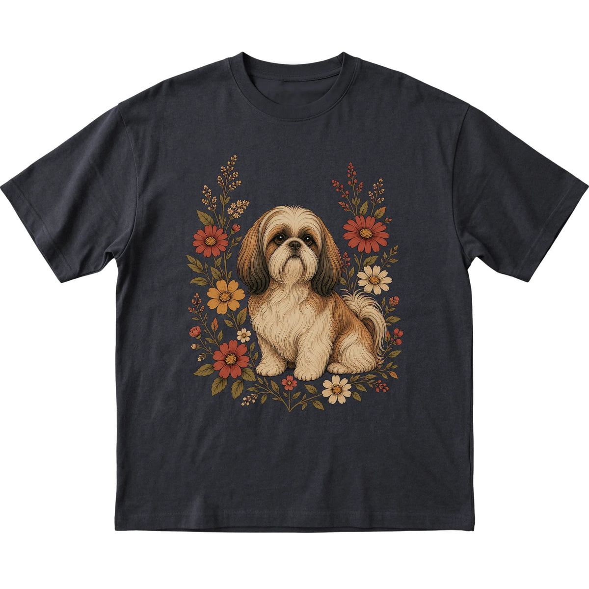 Black Softstyle T-shirt with Shih Tzu portrait and wildflowers, flat lay