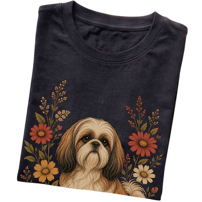 Black Softstyle T-shirt with Shih Tzu portrait and wildflowers, folded view