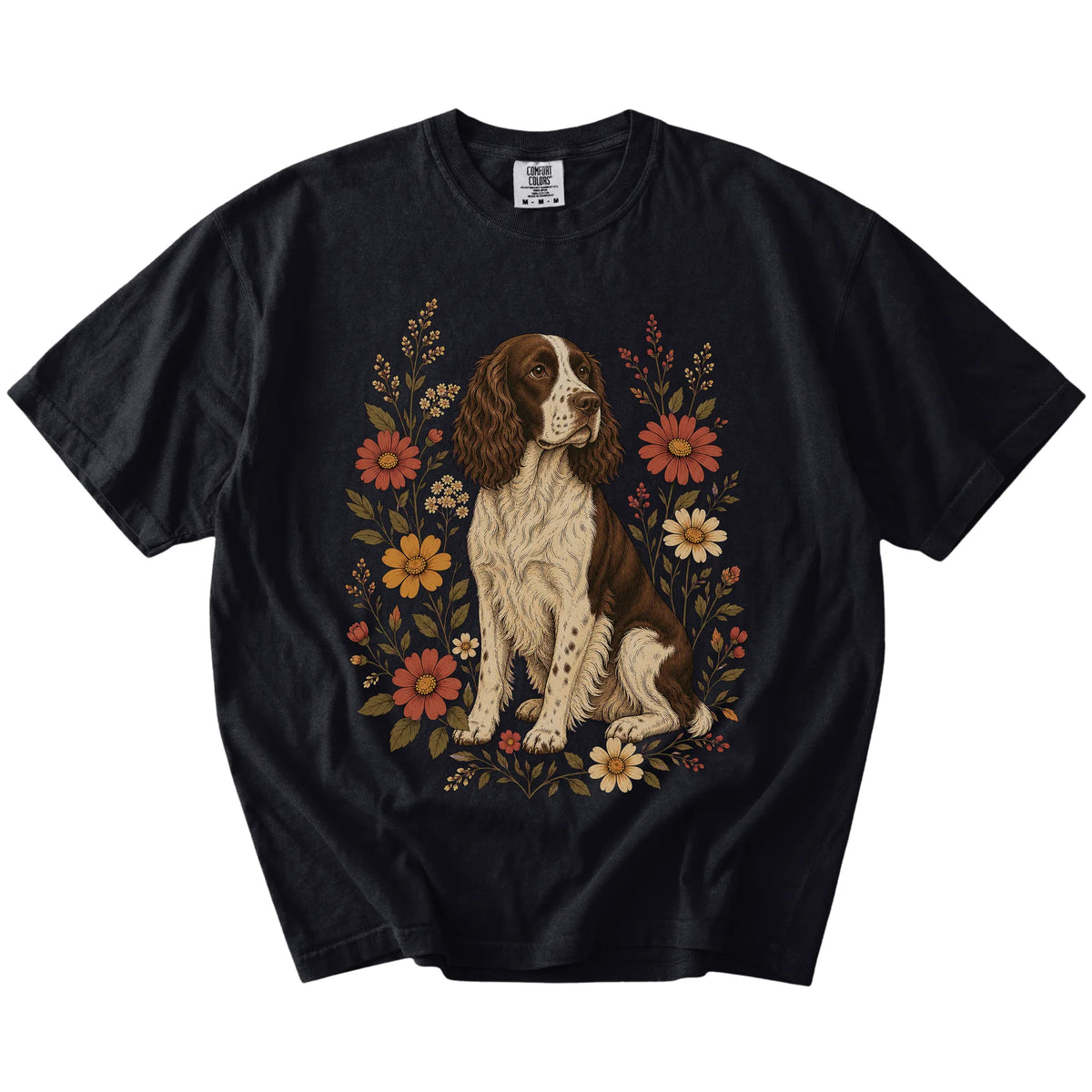Springer Spaniel portrait surrounded by wildflowers beneath the moon on a Black Comfort Colors® T-shirt
