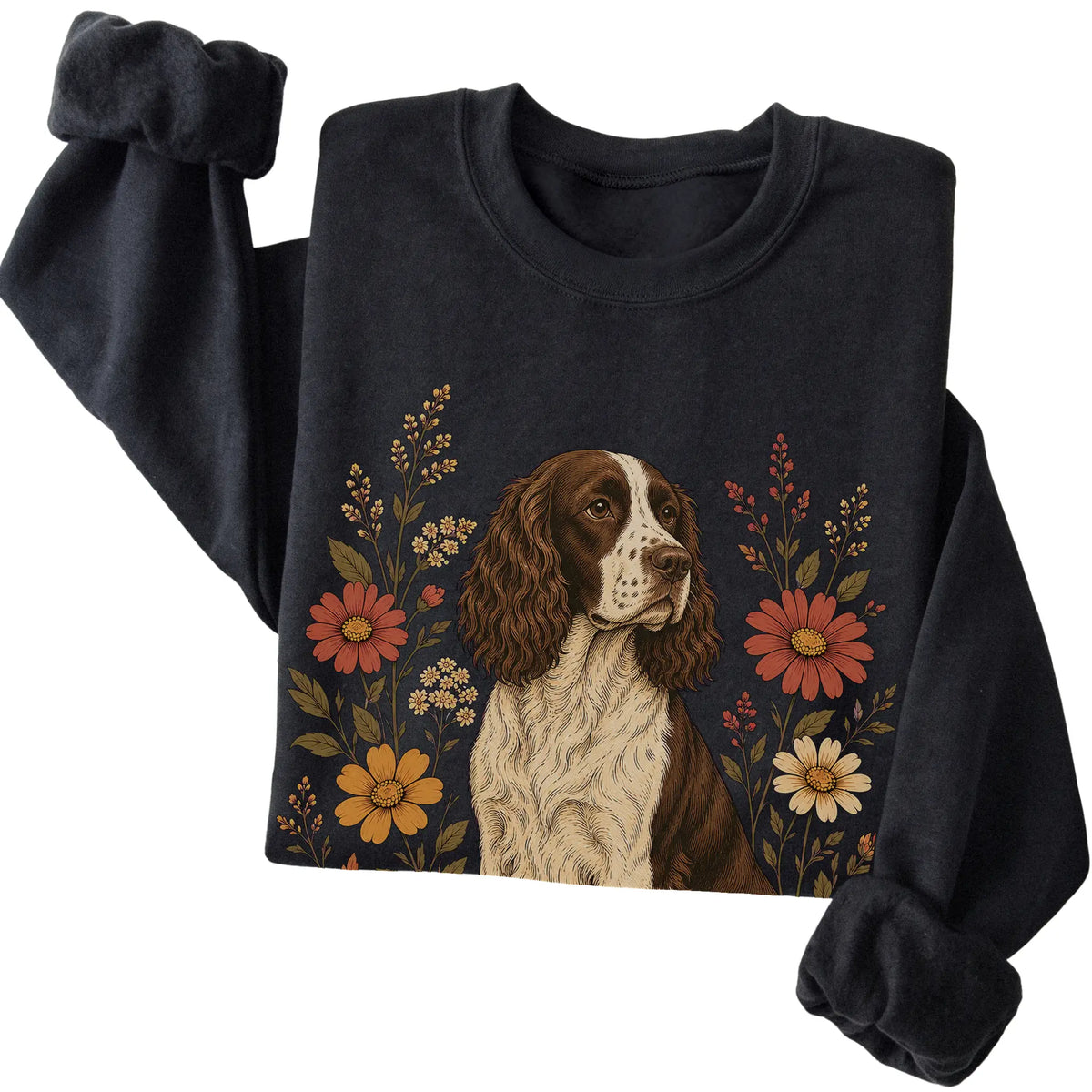 Black crewneck sweatshirt with Springer Spaniel portrait and wildflowers, folded view