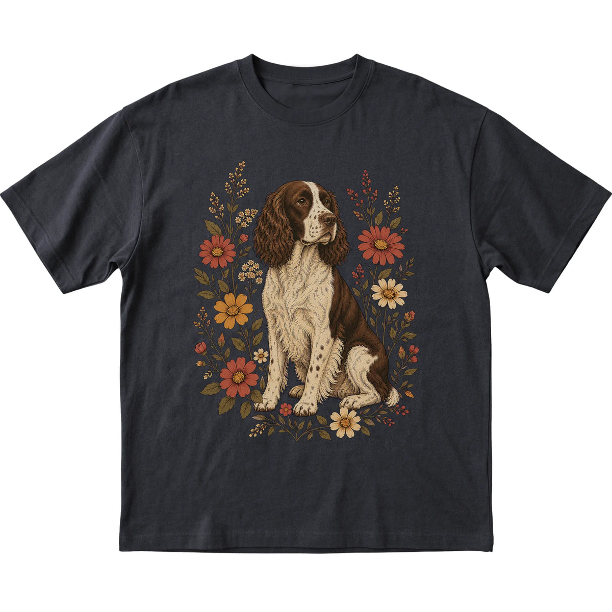 Black Softstyle T-shirt with Springer Spaniel portrait and wildflowers, flat lay