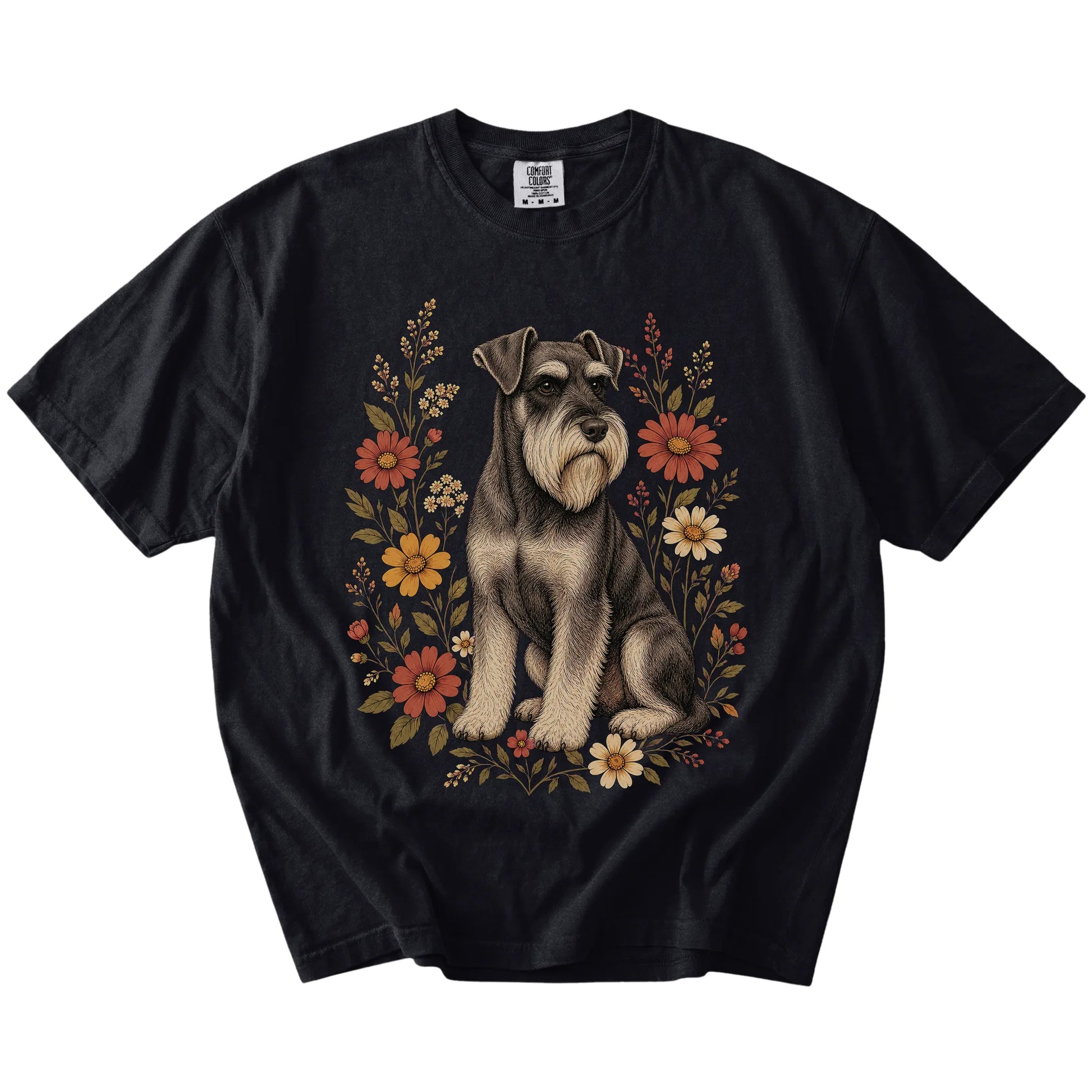 Standard Schnauzer portrait surrounded by wildflowers beneath the moon on a Black Comfort Colors® T-shirt
